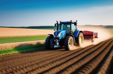 A tractor is digging up a field. Agriculture concept