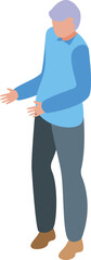 Isometric illustration of a man standing and making a gesture with his hands, against a white backdrop