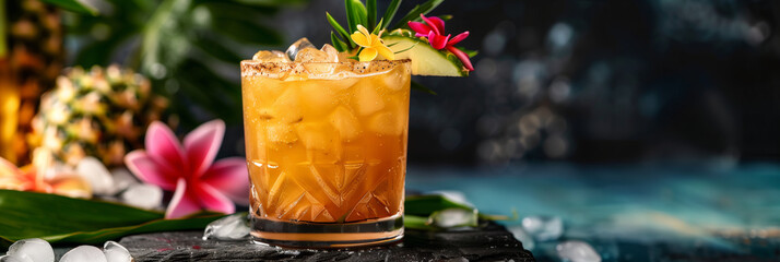 Famous Hawaiian Mai Tai alcoholic cocktail with syrup, lime juice, mint and crushed ice, on a background of exotic leaves and flowers. Celebrating National Hawaii Day.
