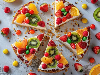 Picture a top-down view of delicious cake slices arranged on a light surface. Each slice is adorned with an assortment of colorful fruits like strawberries, kiwi, and orange slices, 