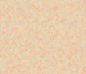 Mosaic background featuring hexagon stacked mosaic cells in a regular pattern with a multiple tones color palette. Seamless and tileable vector illustration.