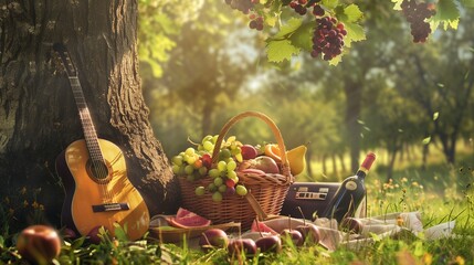 A picnic scene with a guitar case leaning against a tree next to a basket overflowing with fruits and a bottle of wine. - Powered by Adobe