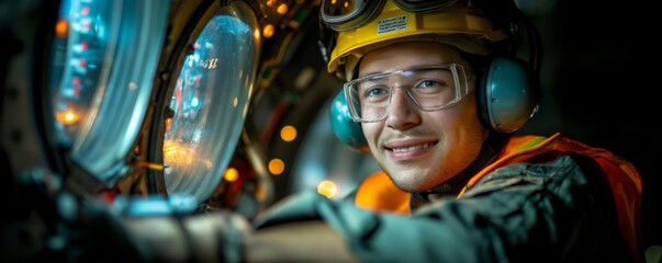 Worker with safety gear by cockpit