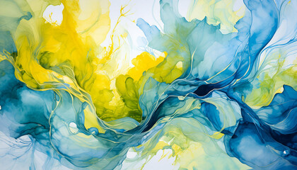 Watercolor abstract painting. Stains in water, blue and yellow colors. Modern hand drawn art.