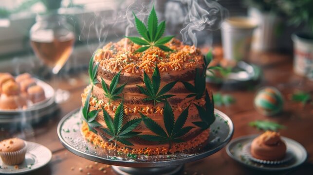 High quality close up white image of cannabis infused cake, ample space for text
