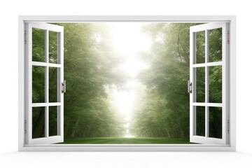 Mockup of an open window overlooking green forest isolated on white background