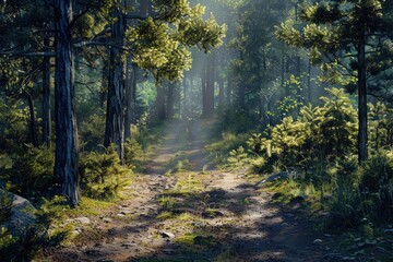 Obraz premium Sunlit Forest Path with Natural Trails and Pine Trees in the Wooded Landscape