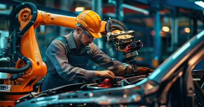Human and robot mechanics collaborate under a car hood, merging craftsmanship with precision. Robotic relationships