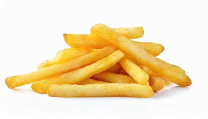 french fries on a white background. Stack of French fries, crispy and golden, a popular and delicious fast-food side dish, isolated on a white background Ai generated image