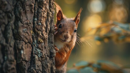 Cute squirrel in forest, fluffy tail, enjoying nut. Small, furry rodent perched on branch, observing surroundings. Closeup of face, fur, showing natural beauty, curiosity in wild..