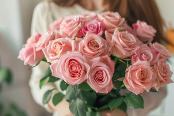 Obraz premium Pink Bouquet. Closeup of Woman Holding Beautiful Roses on Light Floral Background