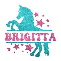 Brigitta- pink glitter - name written in a frame with light blue glitter Unicorn and stars - vector graphic - for cards, baby shower, prints, cricut, silhouette, sublimation