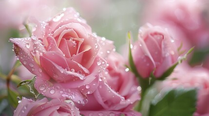 A picturesque scene unfolds as raindrops delicately adorn a pink rose flower set against a backdrop of blooming pink roses showcasing the beauty of nature