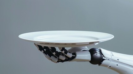Illustration of a robot hand holding an empty plate against a grey background.