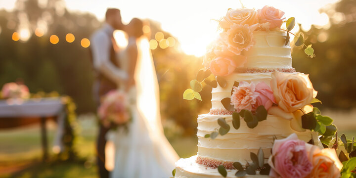 Beautiful traditional wedding cake decorated with flowers in outdoor wedding venue, with bride and groom on the background.