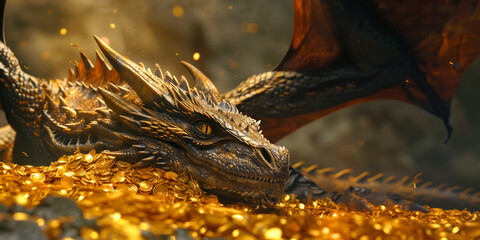 Obraz premium A magnificent golden dragon resting atop a sparkling hoard of gold, evoking a scene of ultimate triumph. Fairy-tale creature illustration.