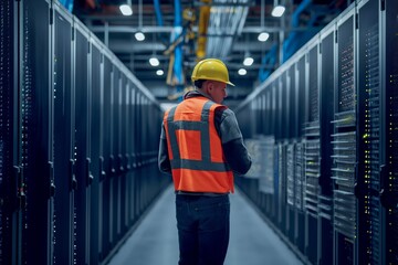 Engineer inspects servers in data center