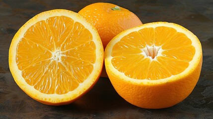 Fototapeta premium A pair of oranges resting atop a wooden table alongside one another on a darkened surface