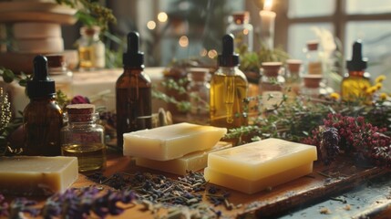 Natural ingredient-themed handmade soaps arranged on wood, surrounded by bowls of dried flowers and essential oils. Rustic soap display. Concept of eco-friendly beauty products, herbal remedies