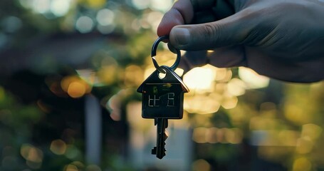New homeowner receiving keys from real estate agent, house keychain in focus