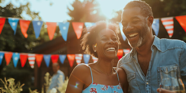 Happy cheerful couple having great time at at BBQ party. Young man and woman celebrating 4th of July outdoors with their friends and family.