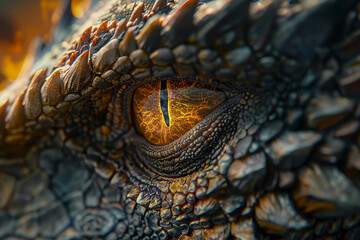 A close up of a dragon's eye with a yellowish glow