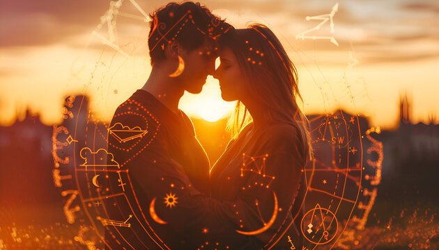 Horoscope compatibility. Loving couple and zodiac wheel