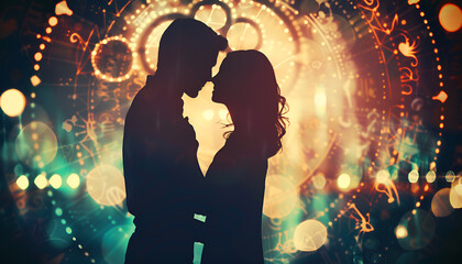 Horoscope compatibility. Loving couple and zodiac wheel