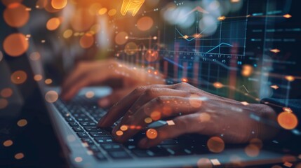 Fototapeta premium Investment schedule, calendar, and stock market trading management on businesswoman's laptop, hands, or overlay. Zoom, financial staff typing on networking, budgeting, or cryptocurrency.