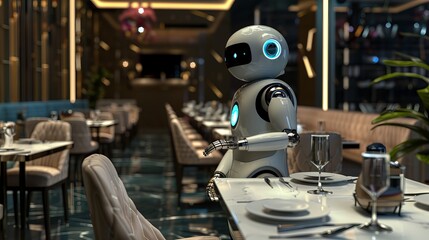 Modern restaurant featuring robotic technology illustrated in 3D.