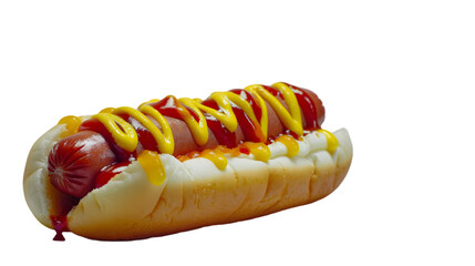  A classic hot dog drizzled with ketchup and mustard, transparent background