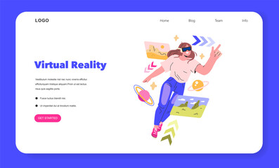 Virtual Reality experience An enthusiast explores digital landscapes, delving into immersive worlds with VR technology Interactive gaming ascends to new dimensions Vector illustration