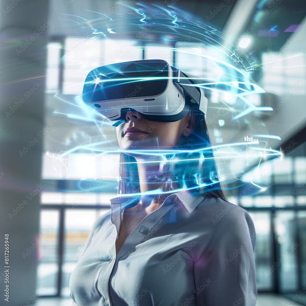 Poster Futuristic virtual reality experience for businesswoman in office, using VR headset for data simulation, enhanced visual interaction, tech innovation..