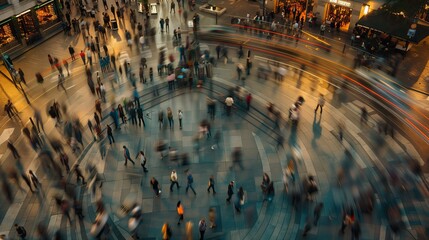 Busy person walks through blurred, crowded city street; rush hour traffic, motion in modern urban Tokyo, pedestrians hurry, bustling downtown life..