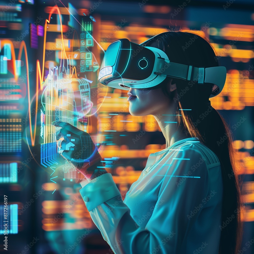 Poster Businesswoman using futuristic virtual reality glasses, engages with data and information in modern tech environment, visualizing digital concepts..