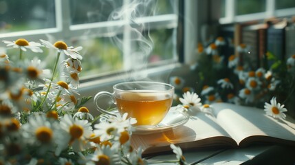 A steaming cup of chamomile tea with a good book lying open on a window seat overlooking a garden in full bloom.