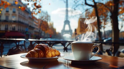 A steaming cup of coffee and a croissant on a Parisian cafe table, with the Eiffel Tower visible in the background.