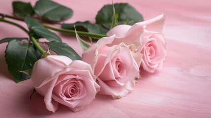  A tight shot of three pink roses against a pink background; one rose is in the front, its petals intimately juxtaposed with green leaves