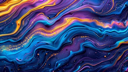  Abstract painting features swirls and drops of blue, yellow, purple, and orange hues against a dark backdrop
