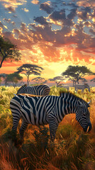 Zebra Herd Grazing in a Colorful African Sunset: A Glimpse into Untouched Wilderness