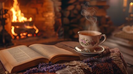 A steaming cup of lavender tea and a good book lying open beside a crackling fireplace on a winter...