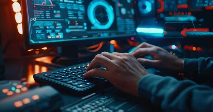 Close-up of a cybersecurity expert's hands typing, with secure firewall technology on the screen. Cybersecurity expert