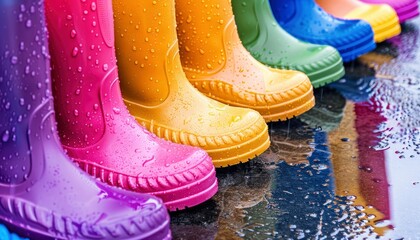 Colorful rubber boots, as seen from an angle