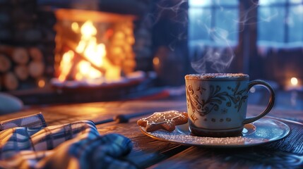A steaming mug of hot chocolate with a gingerbread cookie on a table next to a crackling fireplace...