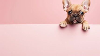  A small brown dog with paws on the sides positions its head over a pink and white sign