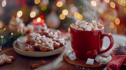 A steaming mug of hot chocolate with marshmallows on top, next to a plate of gingerbread cookies on a table decorated for Christmas.