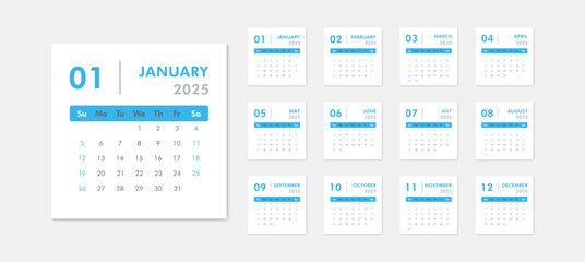 Monthly calendar template for 2025 year. Week starts on Sunday. Desk  or wall calendar in minimal style