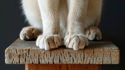  A tight shot of a dog's paws atop a wooden table against a black wall backdrop