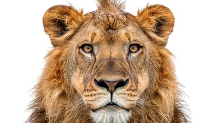  A close-up of a lion's face against a pure white background