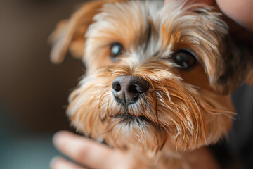 A close up of a dog's face with its nose showing
